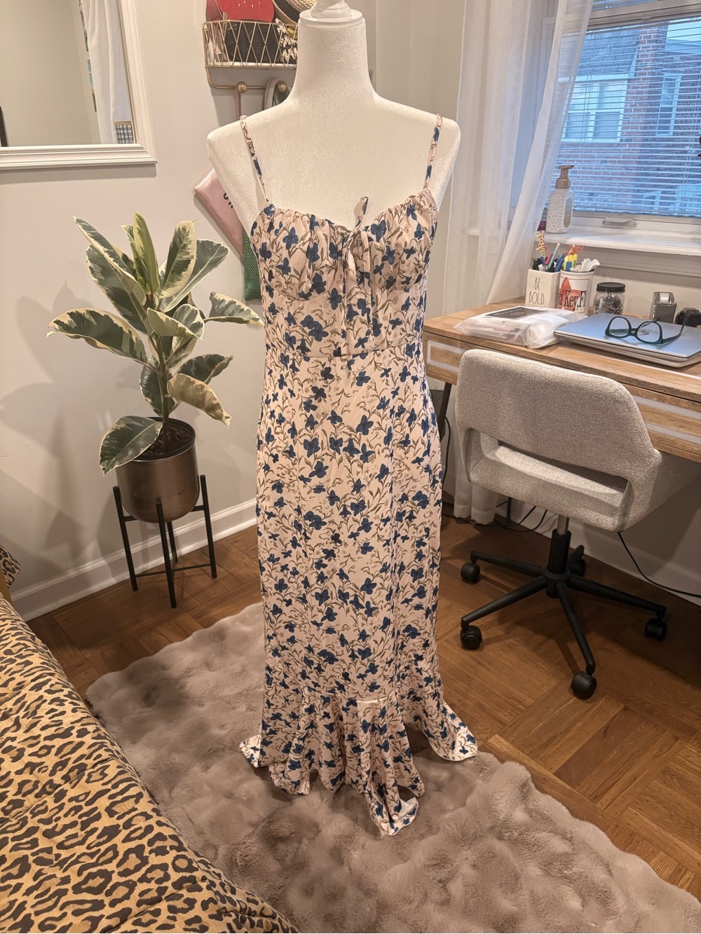 Commense Cream Maxi Dress with Blue Floral Print and Tie-Front